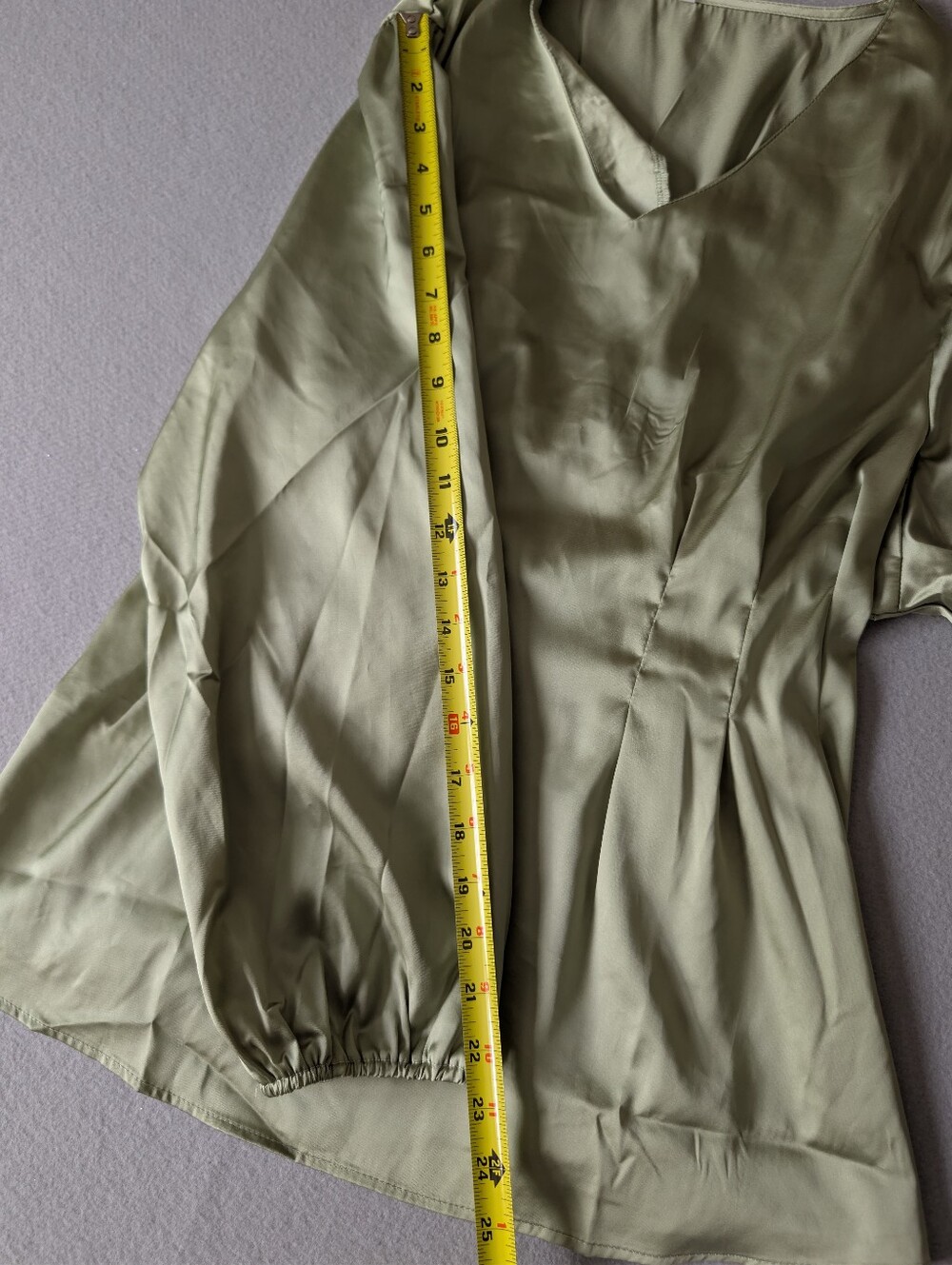 Satin Tailored Sage Green Long Sleeve V Neck Blouse Quiet Luxury Smocked Sz XXL image 8